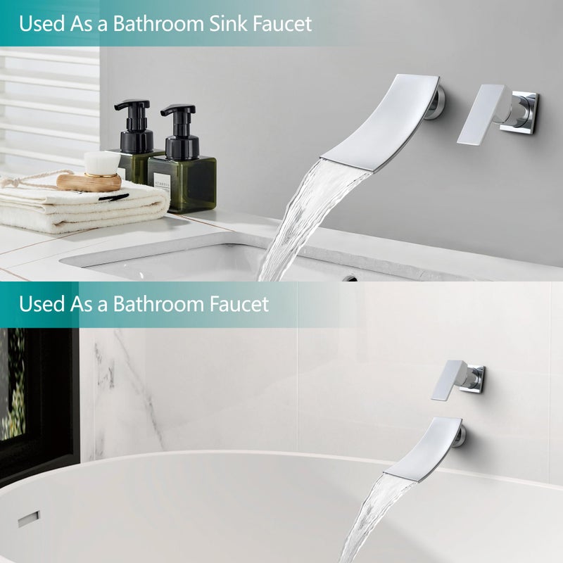 SKOWLL Waterfall Bathroom Faucet, Polished Chrome Wall Mount Vanity Sink Faucet, Single Handle Waterfall Bathroon Faucet with Independent Switch - Image 4